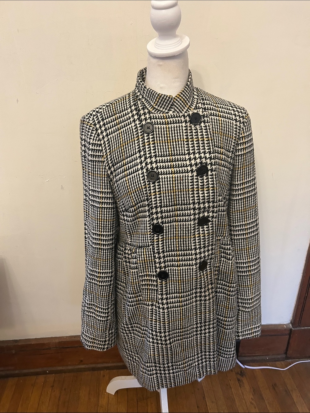 AB Studio Houndstooth Double-Breasted Wool-Blend Coat Black & White Size 10 EUC